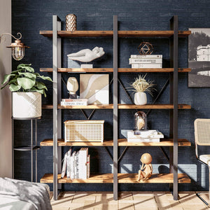 Industrial Double Wide 5-Tier Bookshelf – Wood & Metal