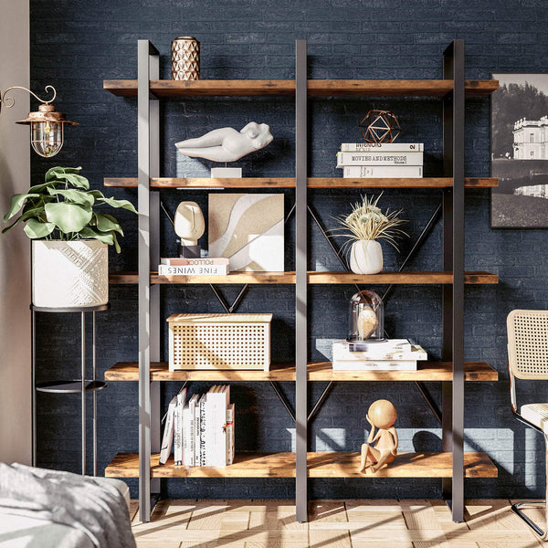 Industrial Double Wide 5-Tier Bookshelf – Wood & Metal