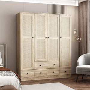 4-Door Rattan Wardrobe Armoire with Drawers