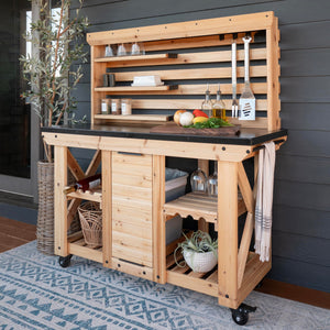 Cedar Wood Buffet Hutch Serving Station with Wine Rack & Steel Countertop
