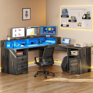 L-Shaped Computer Desk with Drawers, Power Outlets & LED Lights – 60" Corner Home Office Desk, Height Adjustable, Grey