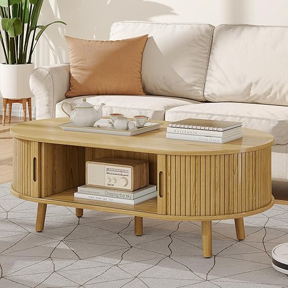 Oval Coffee Table with Sliding Tambour Door