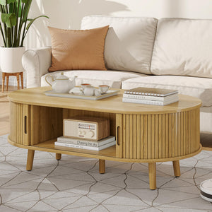 Oval Coffee Table with Sliding Tambour Door & Hidden Storage