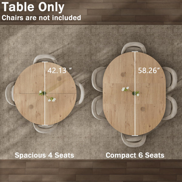 42–58" Extendable Round to Oval Dining Table with Hidden Leaves & Storage Shelf, Seats 4–6