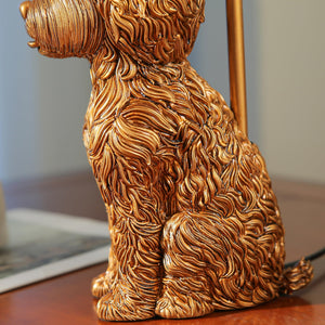 Resin Doodle Dog Table Lamp with Fabric Shade – Golden Sculptural Bedside Accent Light