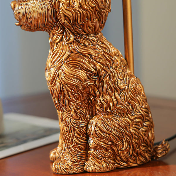 Resin Doodle Dog Table Lamp with Fabric Shade – Golden Sculptural Bedside Accent Light