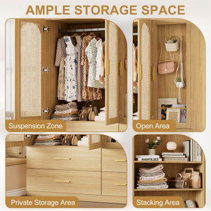 3-Door Rattan Armoire Wardrobe with LED Mirror & Drawers