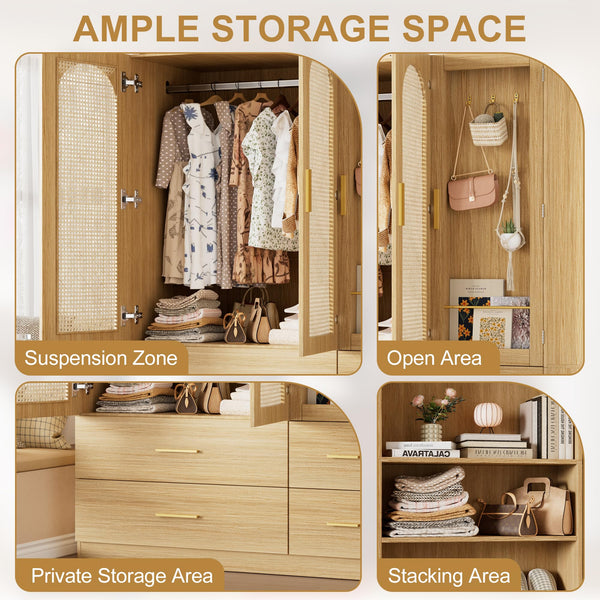 3-Door Rattan Armoire Wardrobe with LED Mirror & Drawers