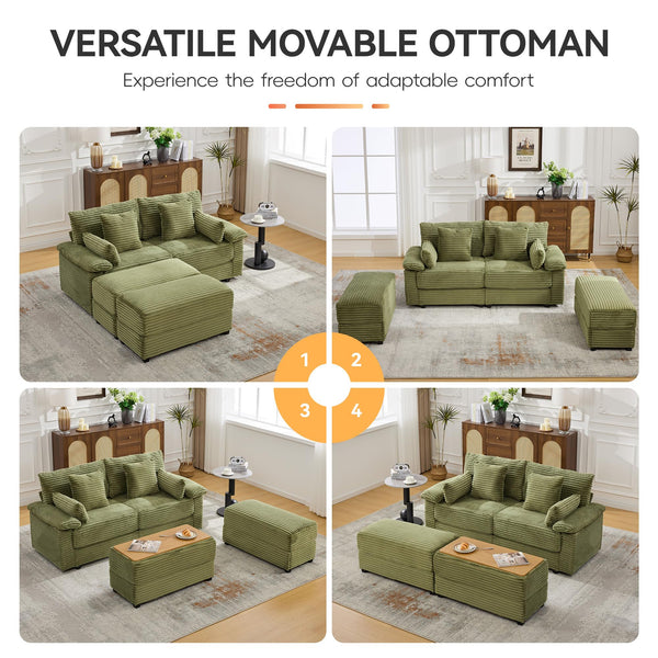 Corduroy Loveseat with Storage Ottomans & USB Port