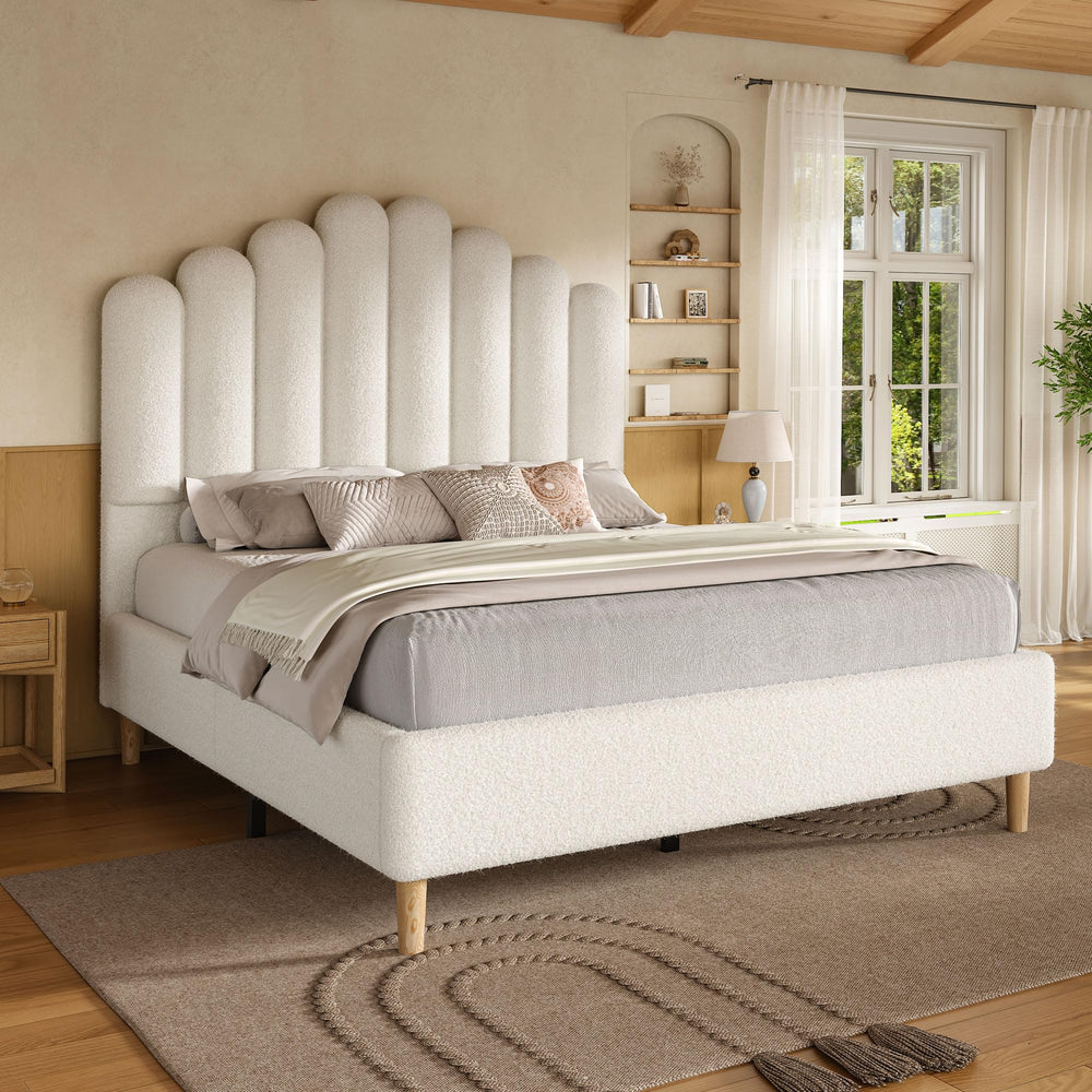 White Boucle Upholstered Bed Frame with 57" Headboard
