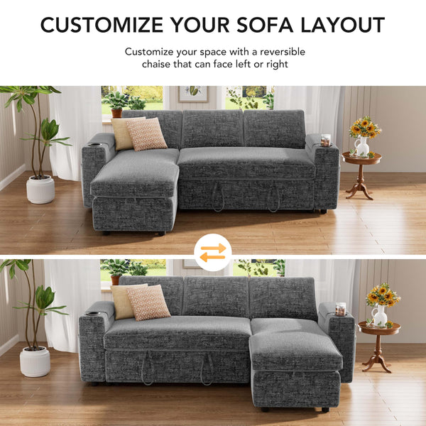 Chenille Sectional Sleeper Sofa with Storage Chaise