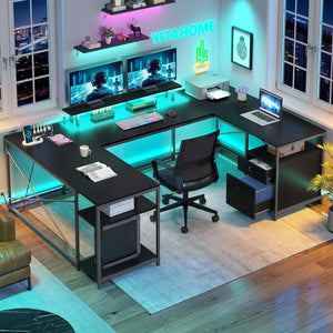 U-Shaped Computer Desk with Power Outlets, LED Lights & Storage