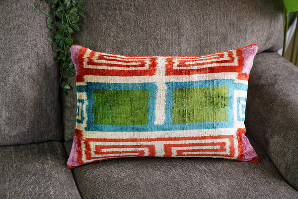 Velvet Throw Pillow with Down Feather Insert – Geometric Pattern, 16"x24"