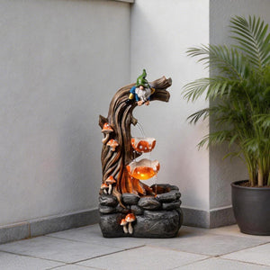 Gnome Outdoor Water Fountain with LED & Cascading Mushroom Waterfall