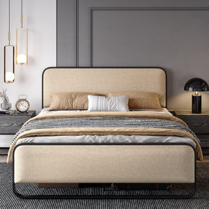 Queen Size Platform Bed Frame with Upholstered Headboard & Footboard