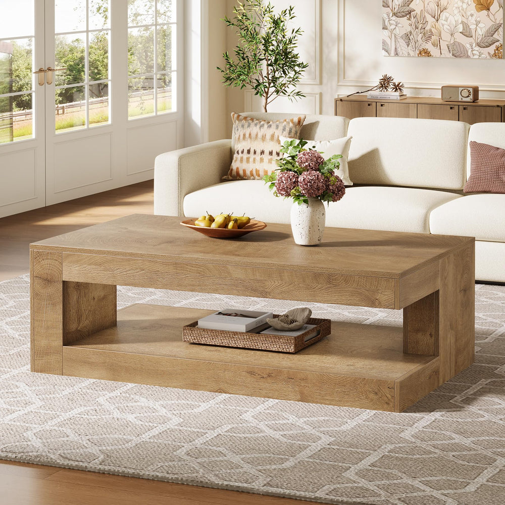 2-Tier Farmhouse Coffee Table, 47" Rectangular Living Room Center Table