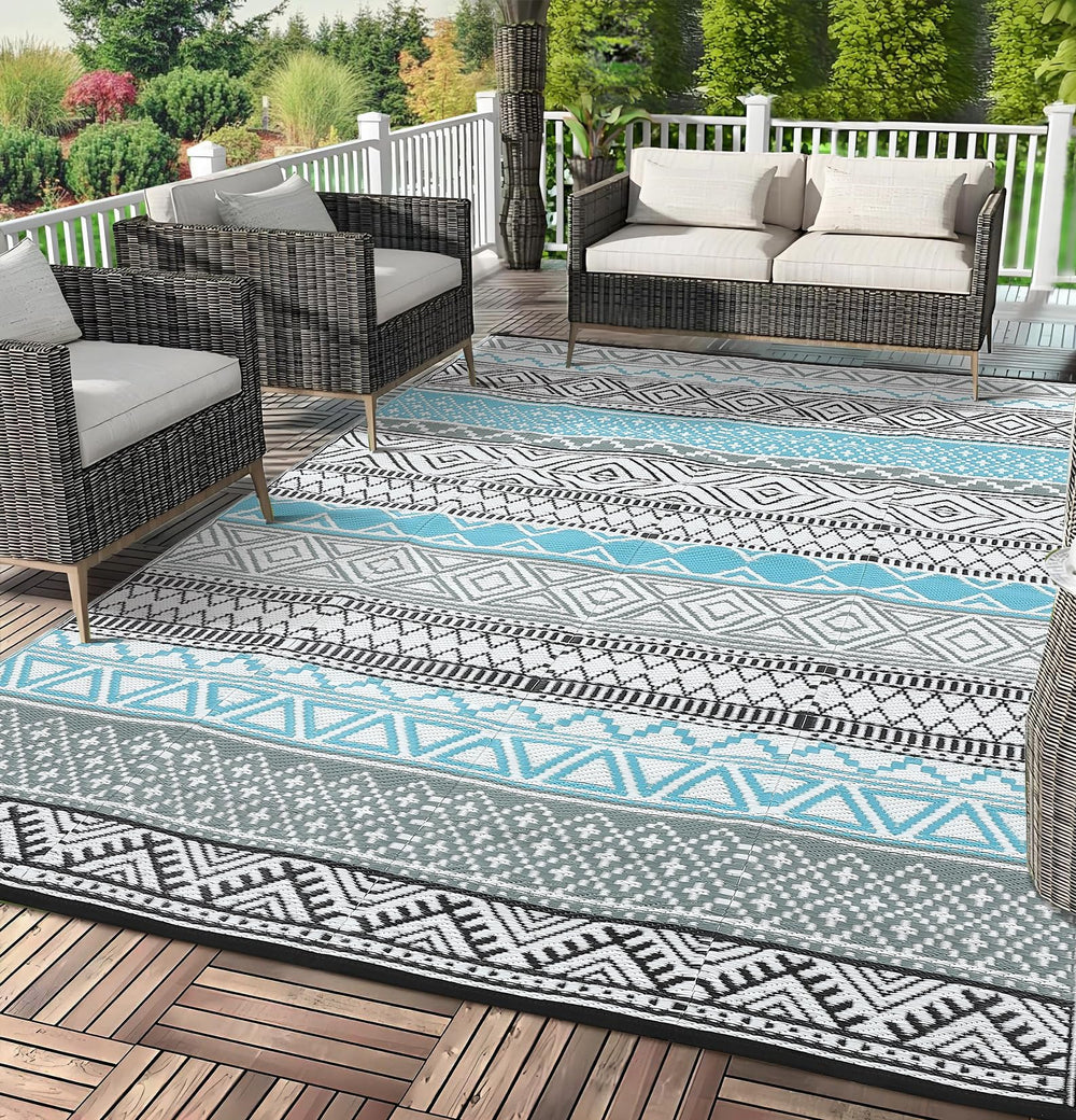 Outdoor Waterproof Reversible Patio Rug 10x14 – Polypropylene, Bohemian Blue/Grey