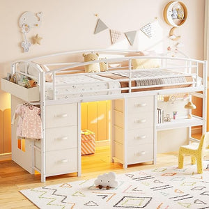 Kids Twin Low Loft Bed with Storage Drawers, Desk & LED Lights