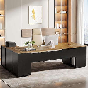 L-Shaped Executive Desk with File Drawers & Cabinet