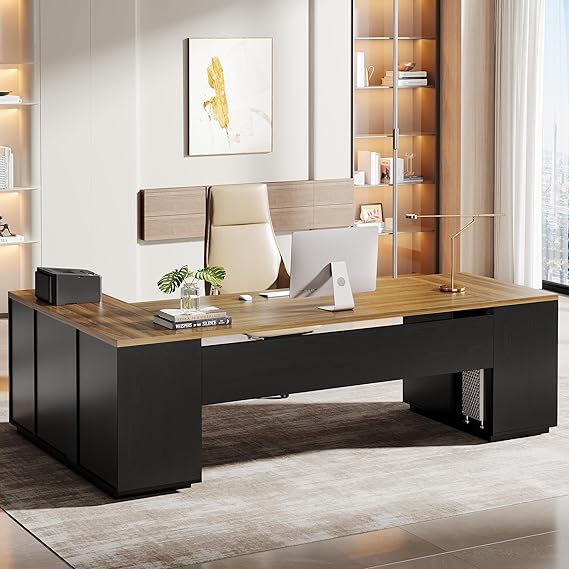L-Shaped Executive Desk with File Drawers & Cabinet