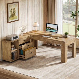 63" L-Shaped Executive Desk with File Cabinet, Drawers & Shelves