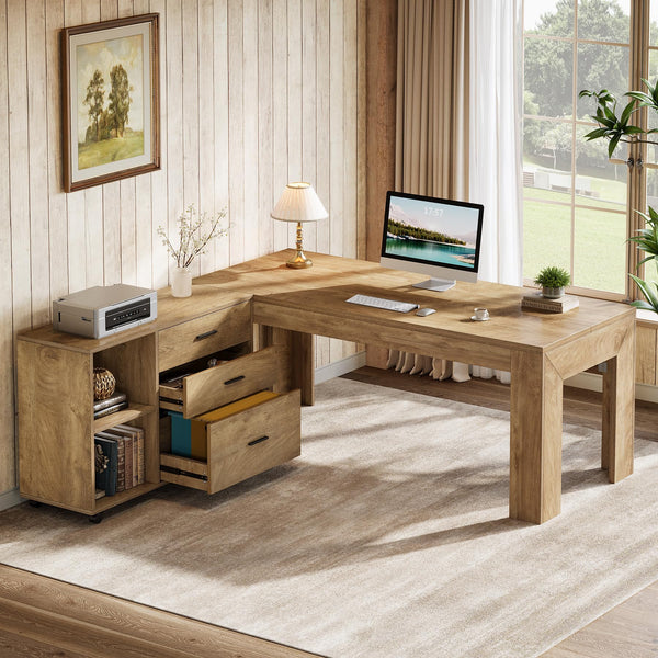 63" L-Shaped Executive Desk with File Cabinet, Drawers & Shelves