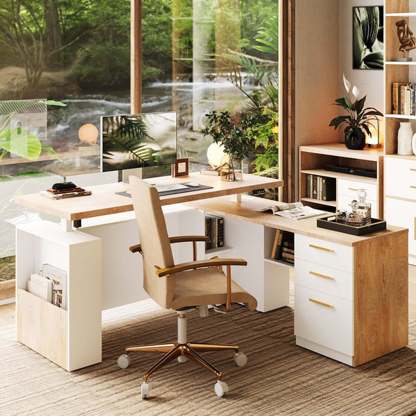 63-Inch L-Shaped Electric Standing Desk with File Cabinet & Privacy Panel