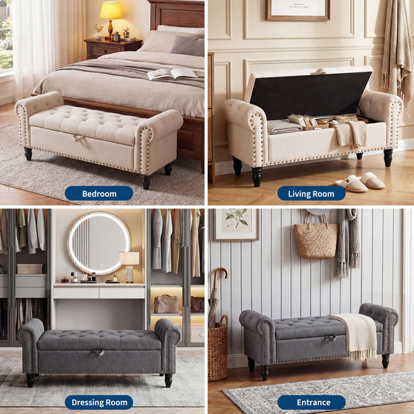 51" Upholstered Storage Bench | Button Tufted End of Bed Ottoman with Safety Hinge