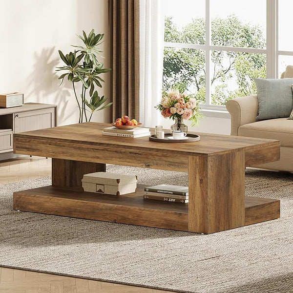 2-Tier Farmhouse Coffee Table, 47" Rectangular Living Room Center Table