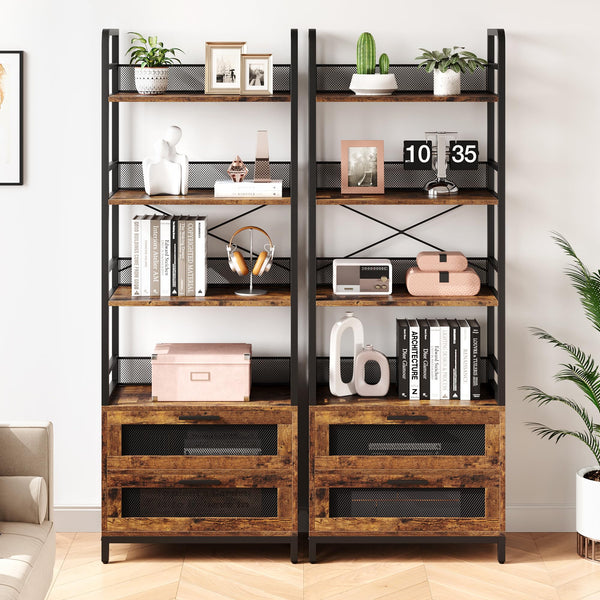 Industrial Bookshelf with Drawers & 4-Tier Open Shelves
