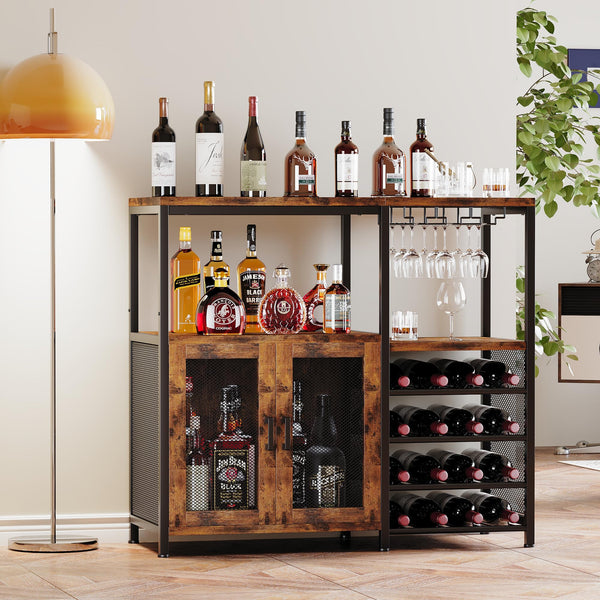 Rustic Industrial Bar Cabinet with Wine Rack and Storage