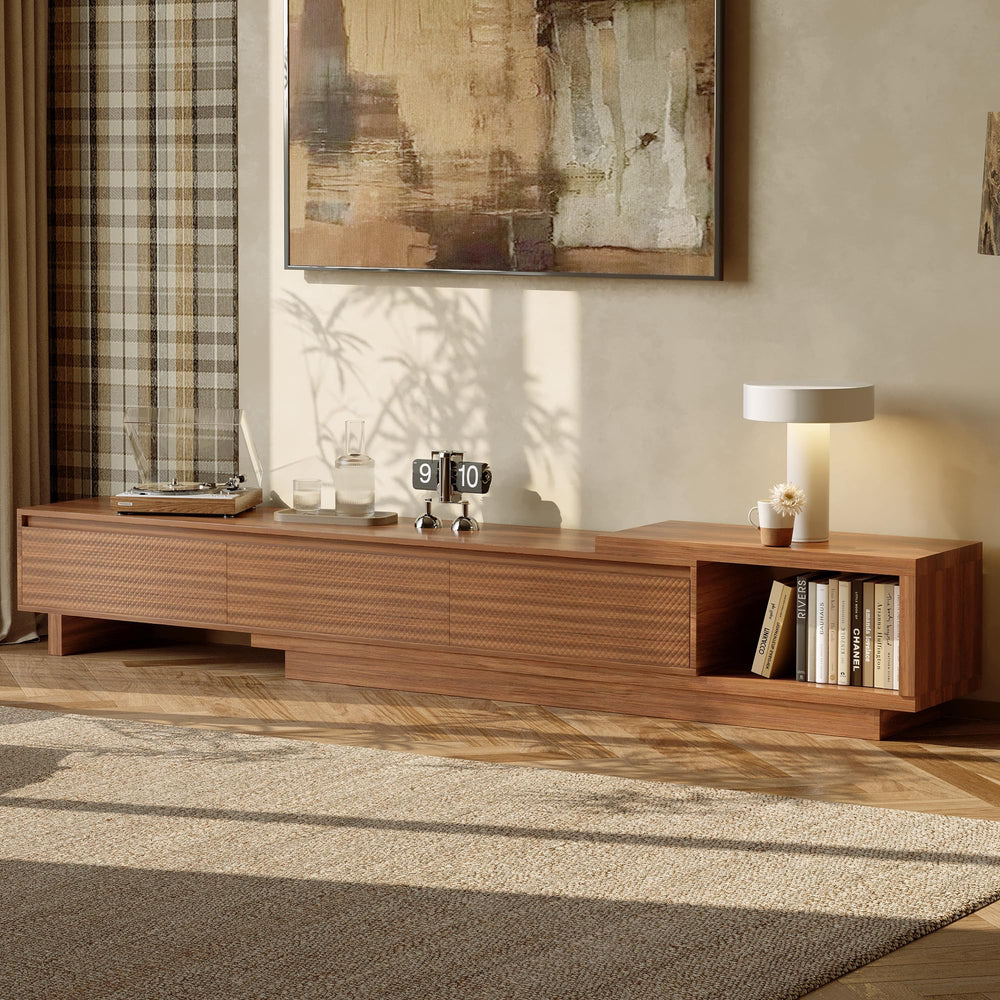 Extendable Mid-Century Modern TV Stand with Crosshatch Drawers