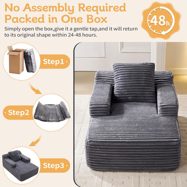 Corduroy Chaise Lounge Chair Indoor – Boneless Cloud Sofa with Wide Armrest