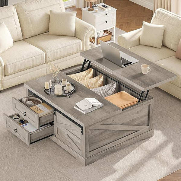 Lift Top Coffee Table with Storage, 39.4" Square, Farmhouse Style