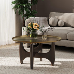 Round Coffee Table with Metal Tray Top & Wood X-Base