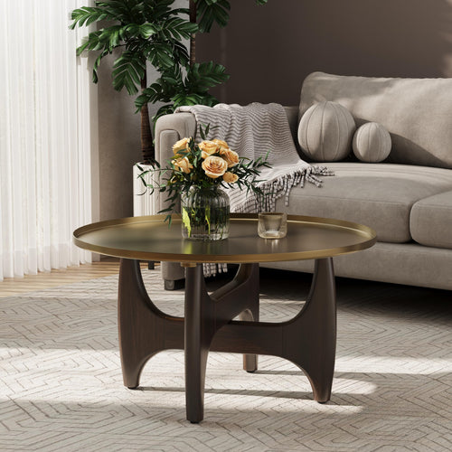 Round Coffee Table with Metal Tray Top & Wood X-Base