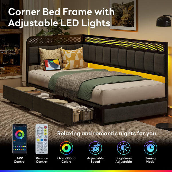 Corner Bed Frame with Storage Drawers, LED Lights & Charging Station