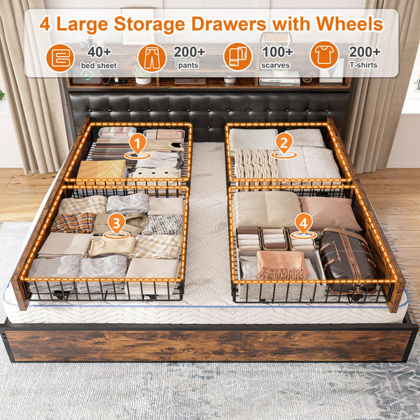 Queen Bed Frame with Storage Drawers & Charging Station