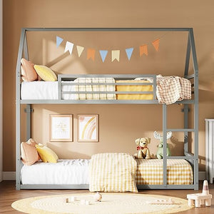 Twin Over Twin House Bunk Bed with Metal Frame, Ladder & Guardrail
