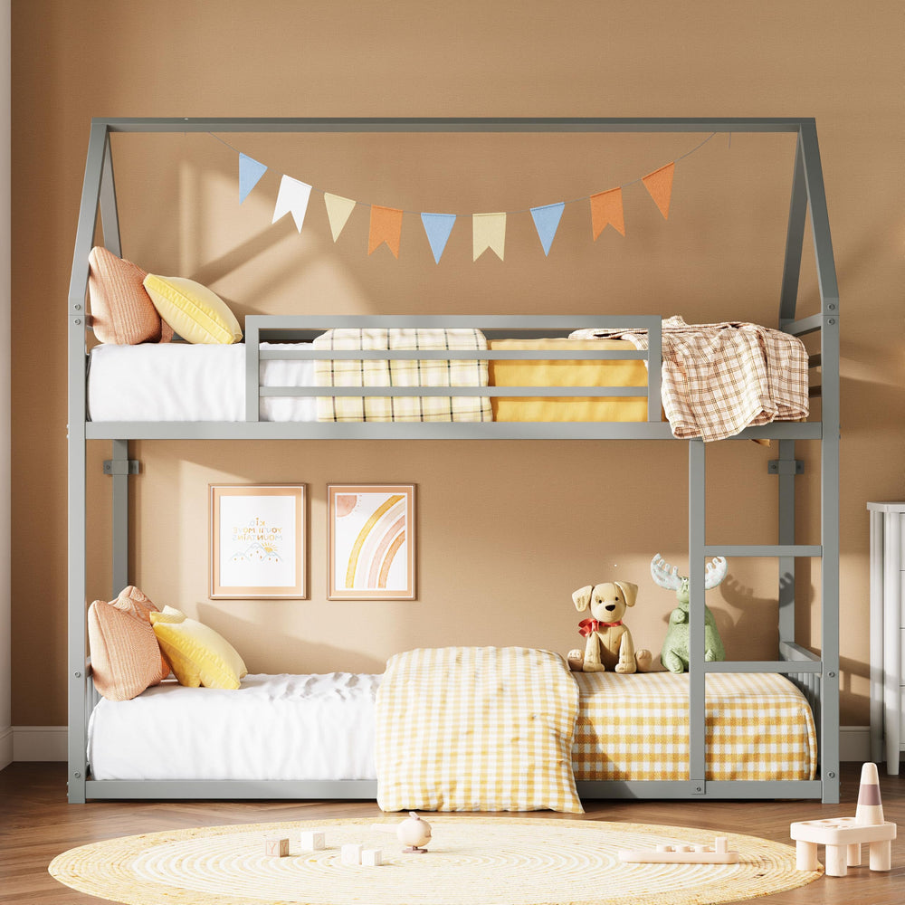 Twin Over Twin House Bunk Bed with Ladder & Guardrail