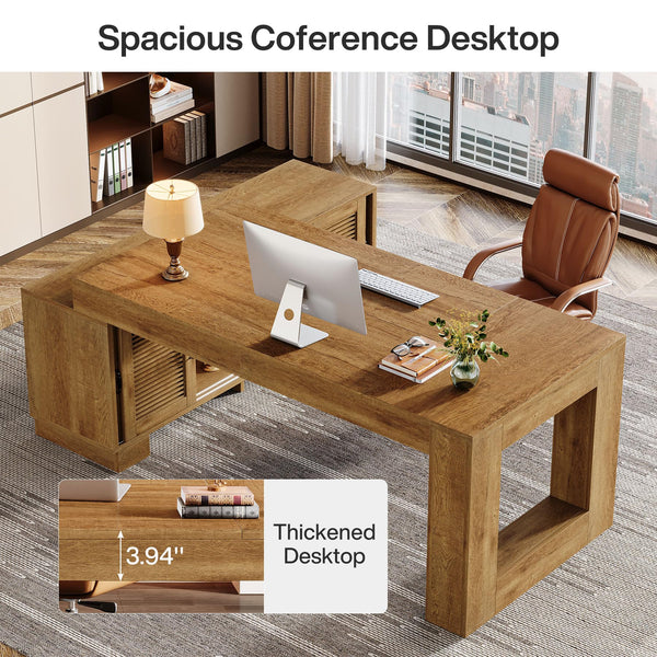 L-Shaped Executive Desk with Storage Cabinets & 2-Tier Shelf