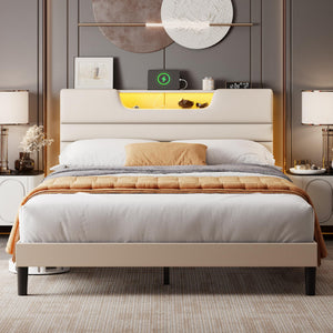 Queen Platform Bed with LED Lights & Charging Station