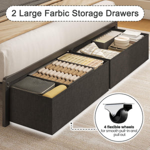 Upholstered Bed Frame with Storage Drawers, LED Lights & Charging Station
