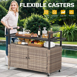 Outdoor Bar Cart with Storage Cabinet & Glass Top