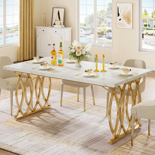 63" Rectangular Dining Table for 4–6 | Faux Marble Top & Gold Metal Legs