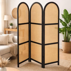 3-Panel Folding Room Divider | Wood & Rattan Privacy Screen