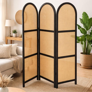 3-Panel Folding Room Divider | Wood & Rattan Privacy Screen