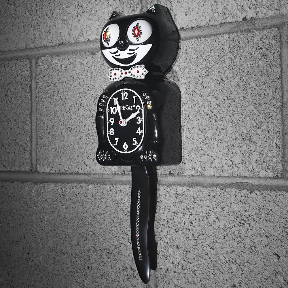 Black Jeweled Cat Wall Clock – Analog Silent Battery Powered