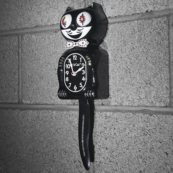 Black Jeweled Cat Wall Clock – Analog Silent Battery Powered