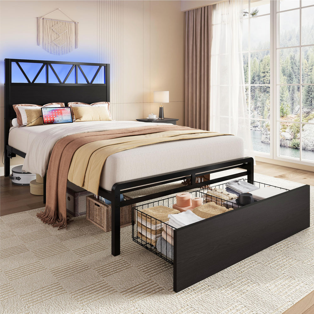 Twin XL Storage Bed Frame with LED Lights & Charging Station